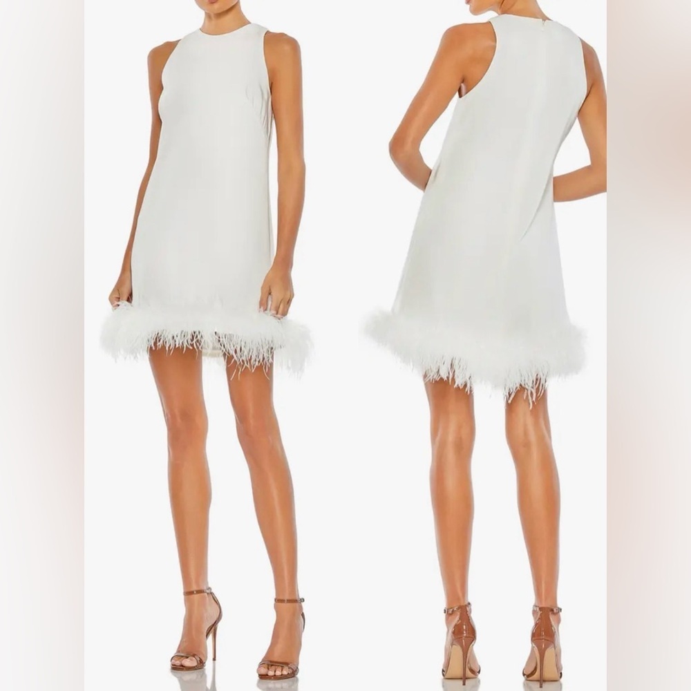 NEW Mac Duggal Feather Hem High Neck A-Line White Sleeveless mini Dress SZ 4